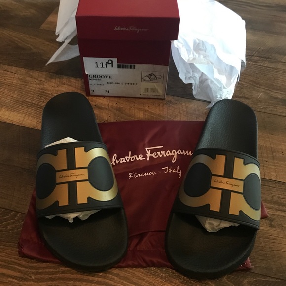 ferragamo slides black and gold